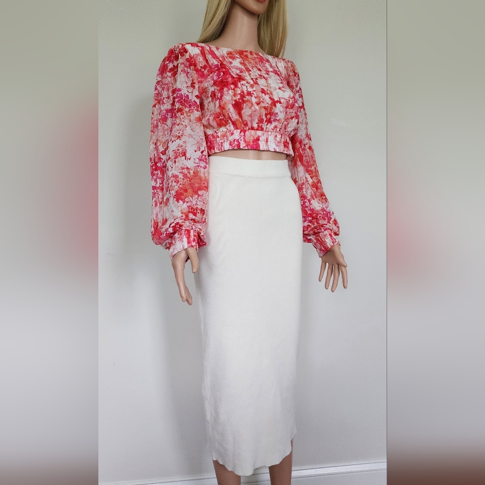 ZARA KNIT SKIRT MIDI WHITE RIBBED SWEATER SKIRT SMALL